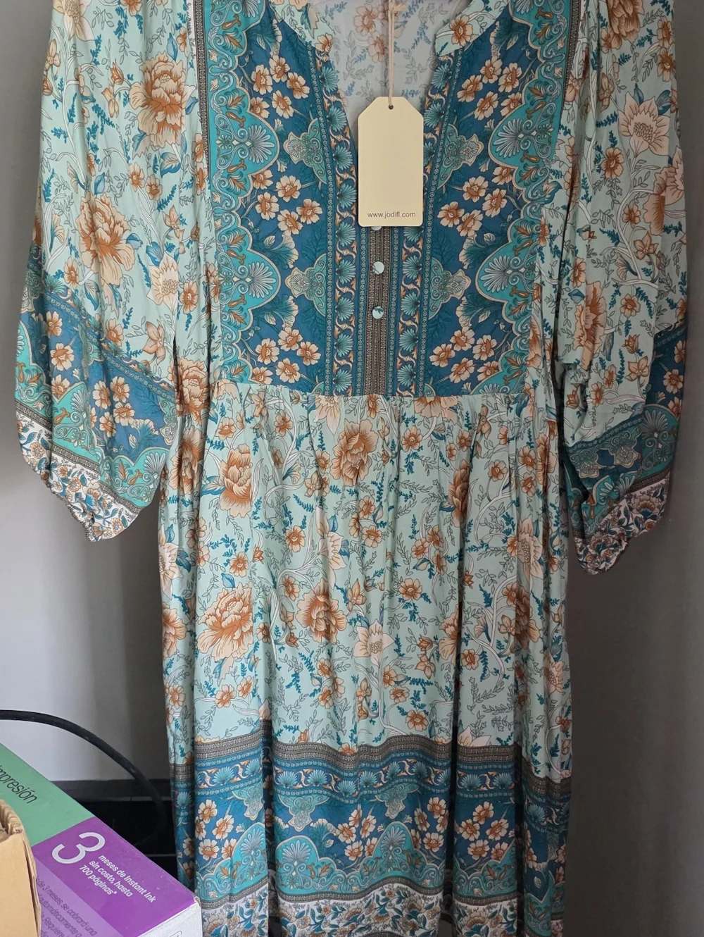Boho Floral Tiered Midi Dress in Aqua & Teal - Picture 5 of 5